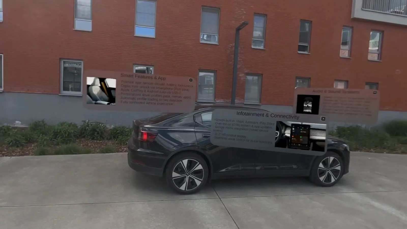 Interactive hotspots overlaid on a real Polestar 2, seen through the Apple Vision Pro